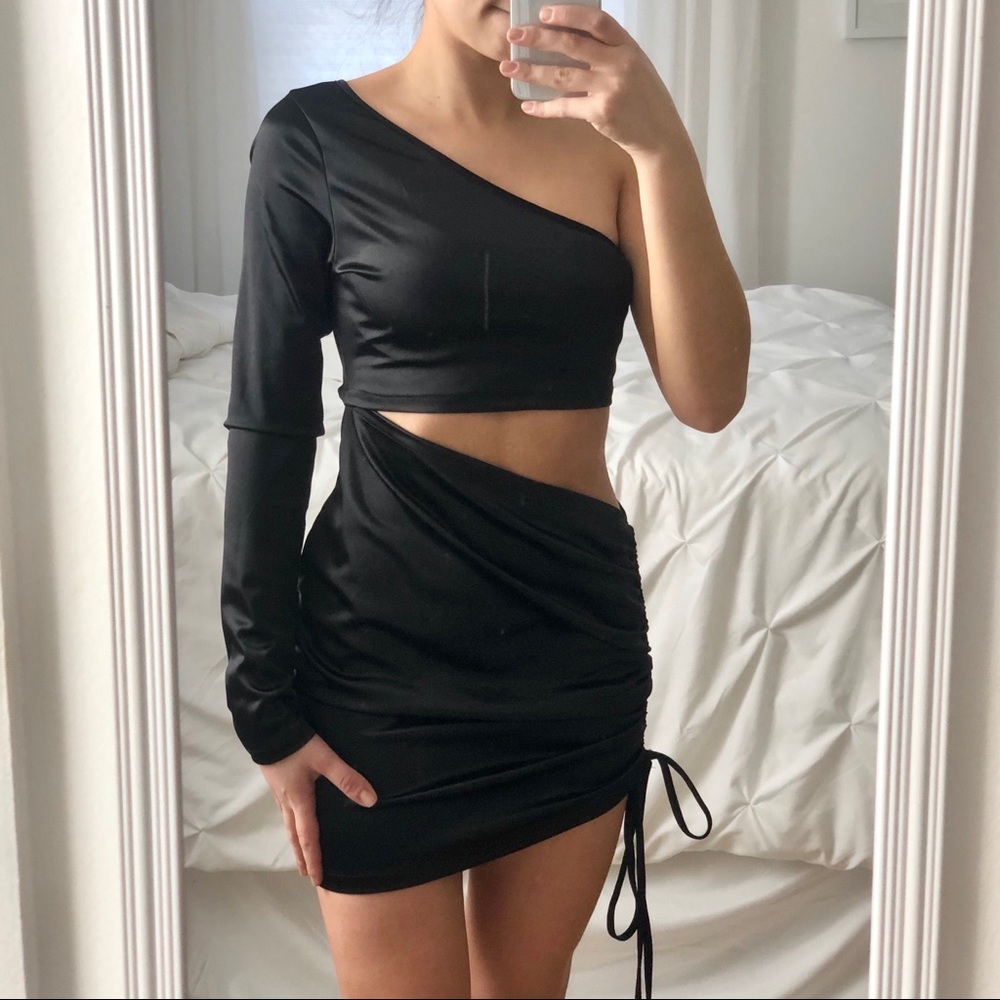 Boohoo Satin One Sleeve Cut Out Dress
